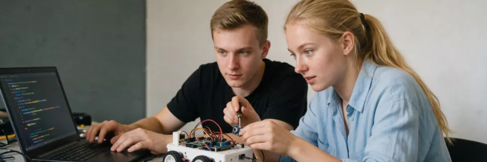 studenci-skladaja-maly-robot-jezdny-na-stole-warsztatowym