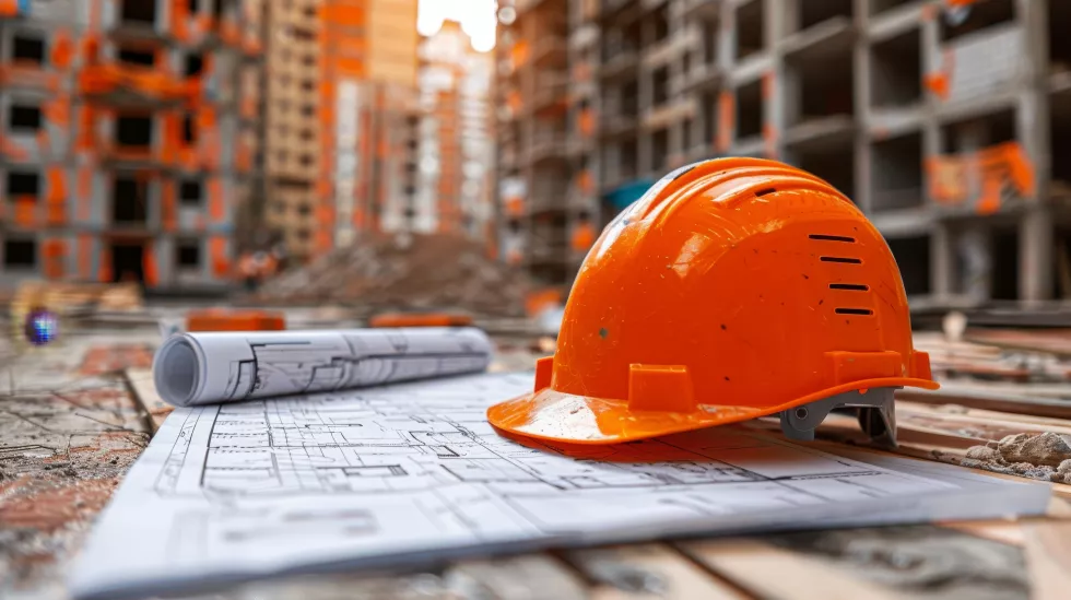 orange-safety-helmet-lies-top-detailed-construction-blueprints-active-building-site-with-scaffolding-background