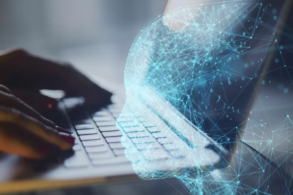 close-up-female-hands-using-laptop-with-abstract-polygonal-head-outline-blurry-outdoor-background-ai-human-mind-concept-double-exposure