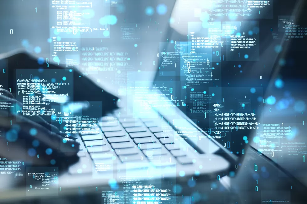 close-up-backlit-female-hands-using-laptop-with-creative-binary-coding-hologram-blurry-background-software-programming-code-double-exposure
