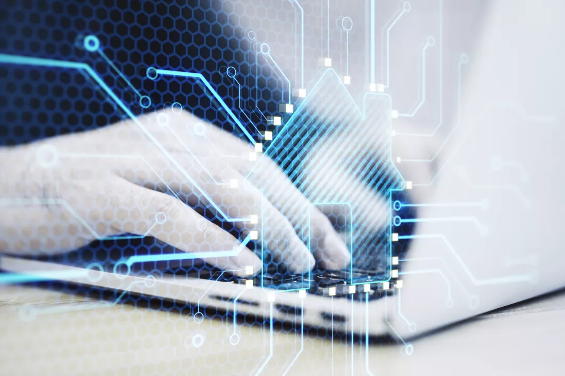 close-up-hands-using-laptop-keyboard-with-abstract-glowing-house-chip-hologram-blurry-background-smart-home-ai-information-concept-double-exposure