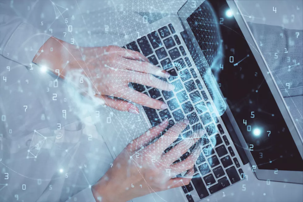 double-exposure-woman-working-computer-andhuman-brain-hologram-drawing-top-view-ai-concept