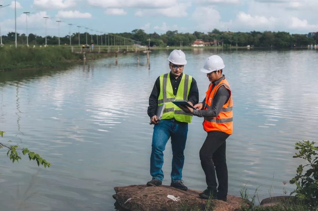 Environmental engineers at a wastewater treatment plant