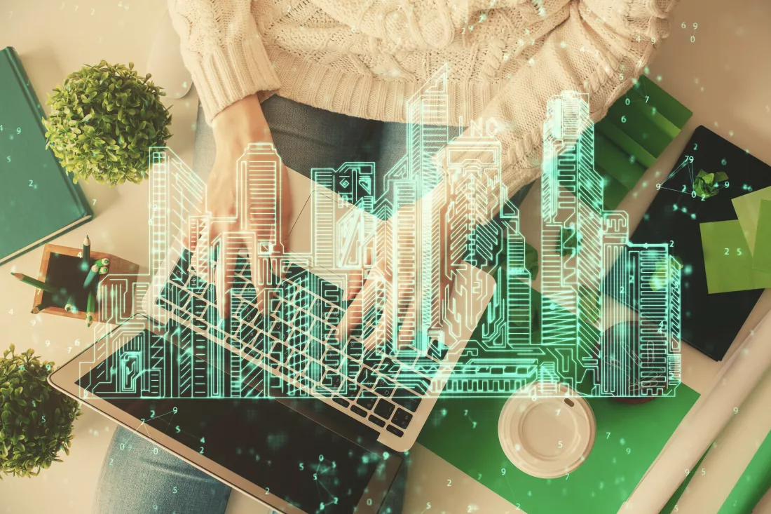 double-exposure-woman-hands-working-computer-buildings-construction-hologram-drawing-top-view-smart-city-concept