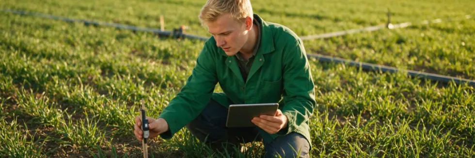 Agrotronika-test-student-sprawdza-czujnik-w-polu