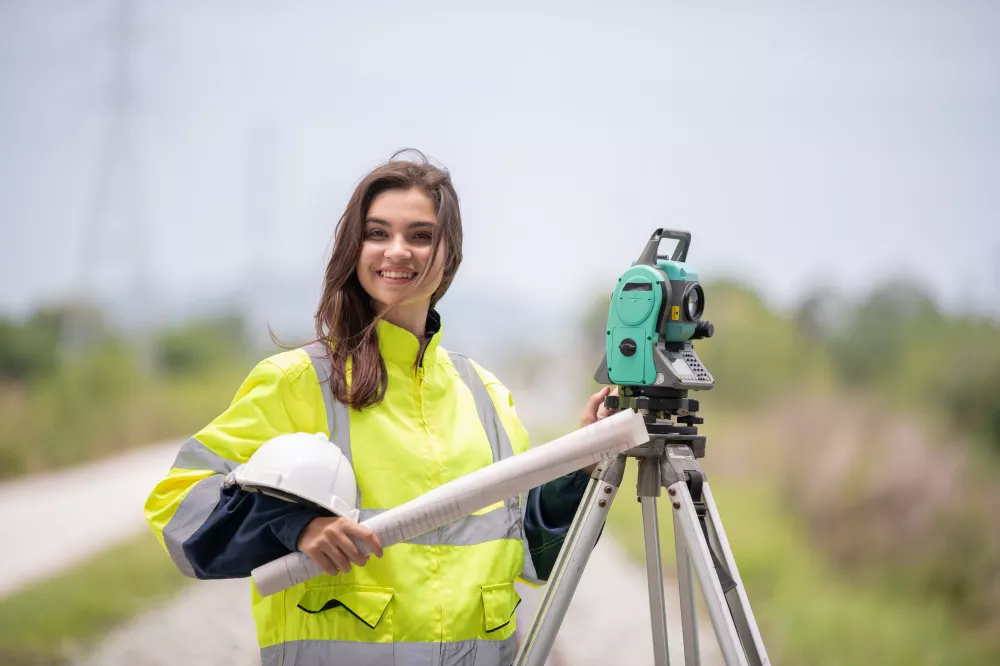 portrait-surveyors-wearing-uniform-conversation-notebook-blueprint-check-inspection-by-theodolite-camera-measurement-level-position-road-construction-site-is-industry-transportation-concept
