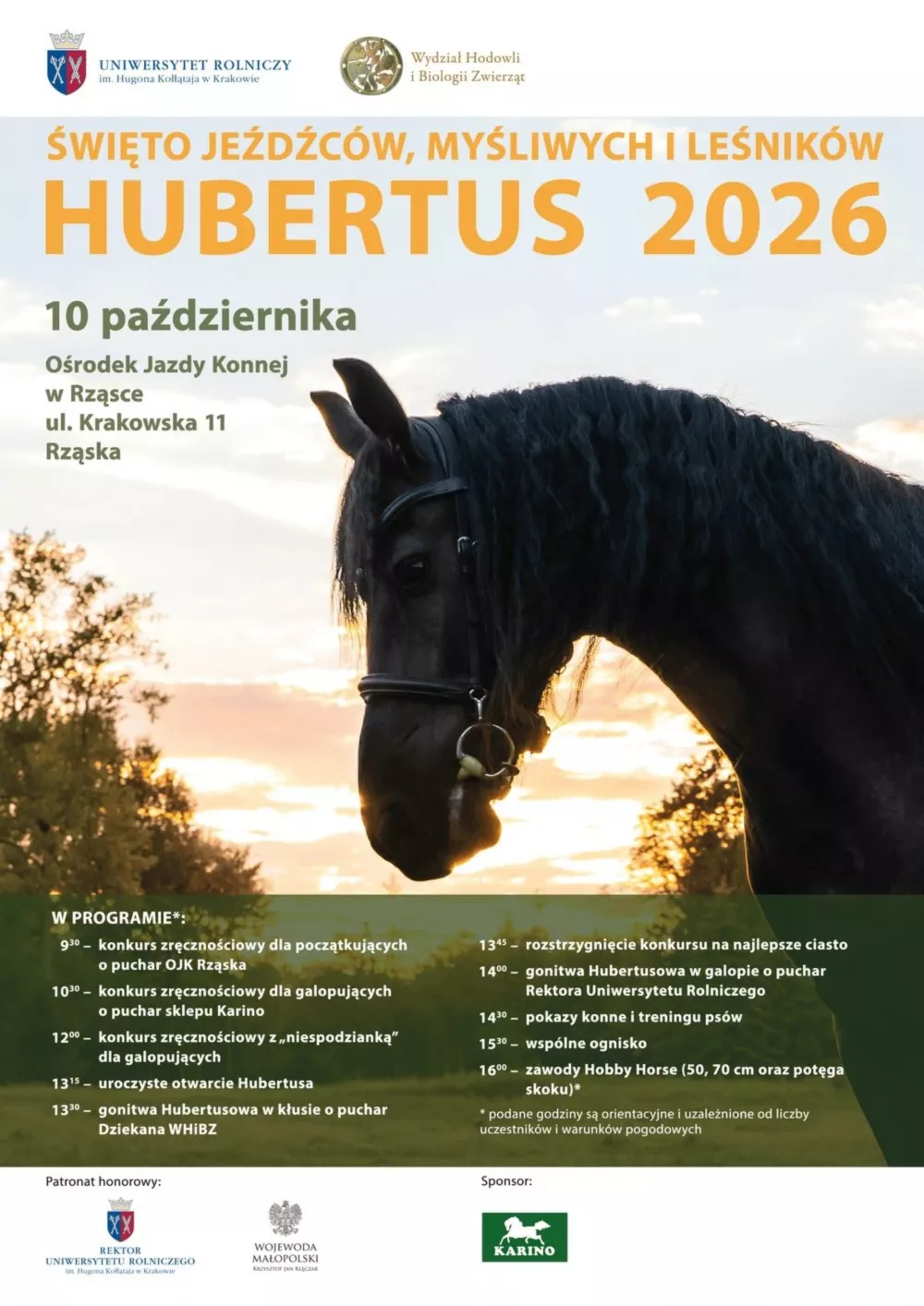 Plakat Swieta Jezdzcow Mysliwych i Lesnikow Hubertus 2026 w Rzasce