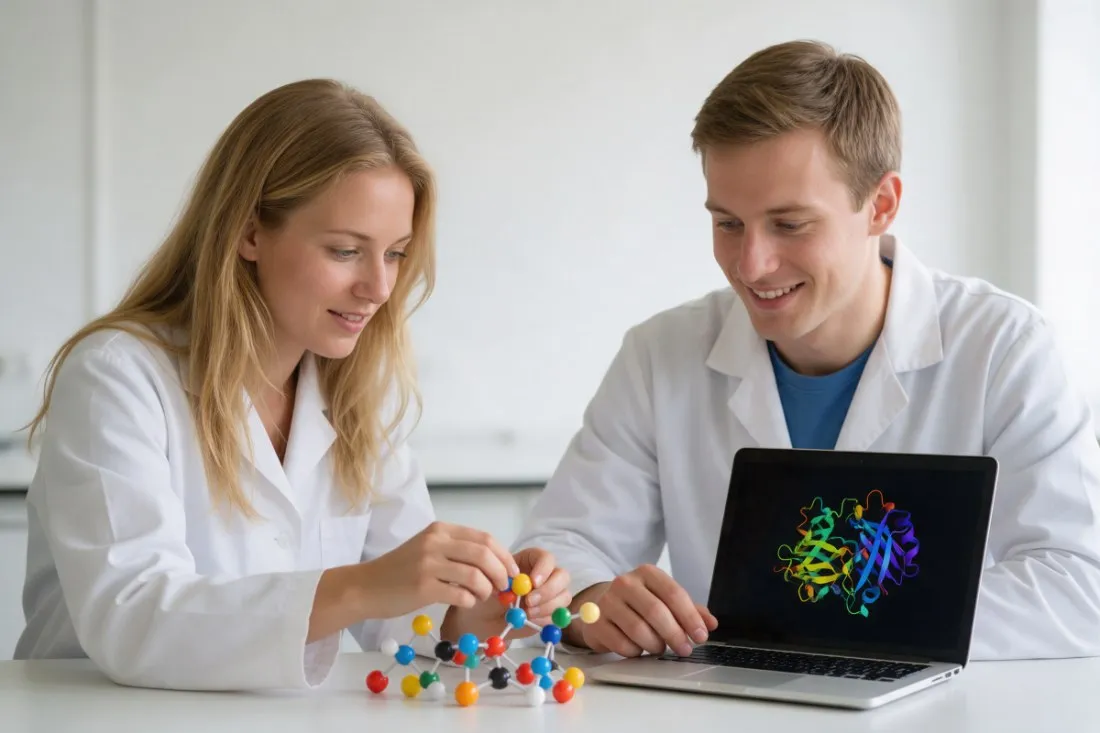 studenci-skladaja-model-czasteczki-obok-laptopa