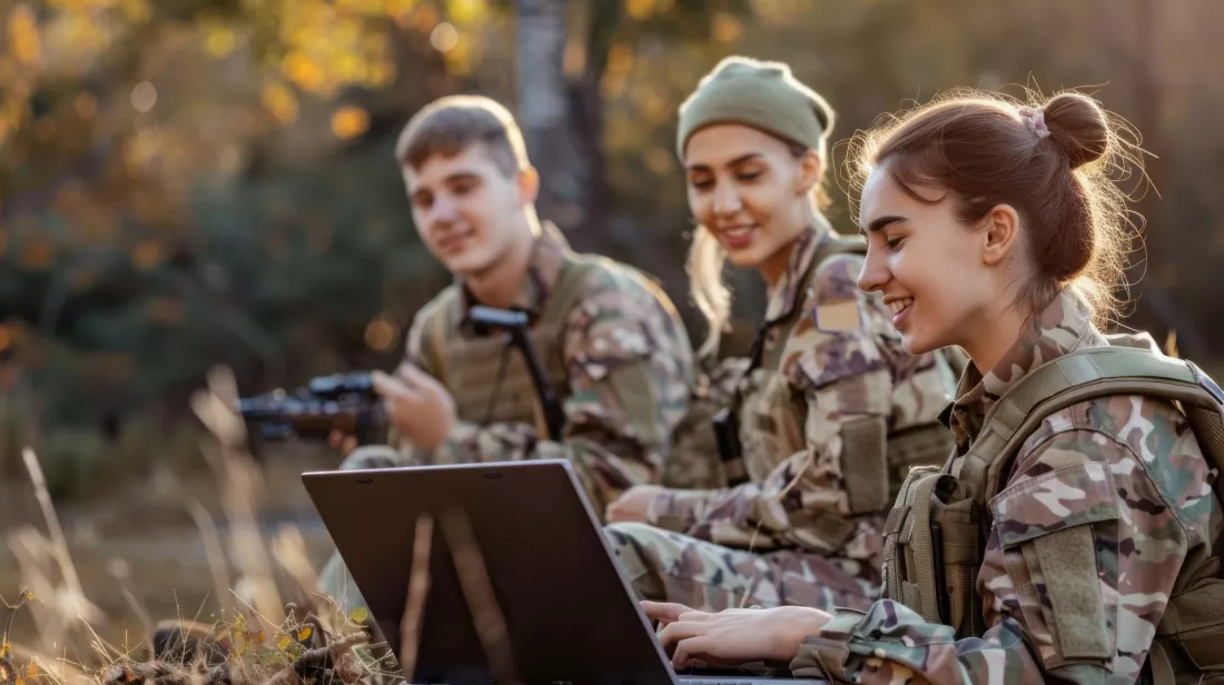 Młodzi ludzie w mundurach pracują z laptopem podczas szkolenia w terenie.