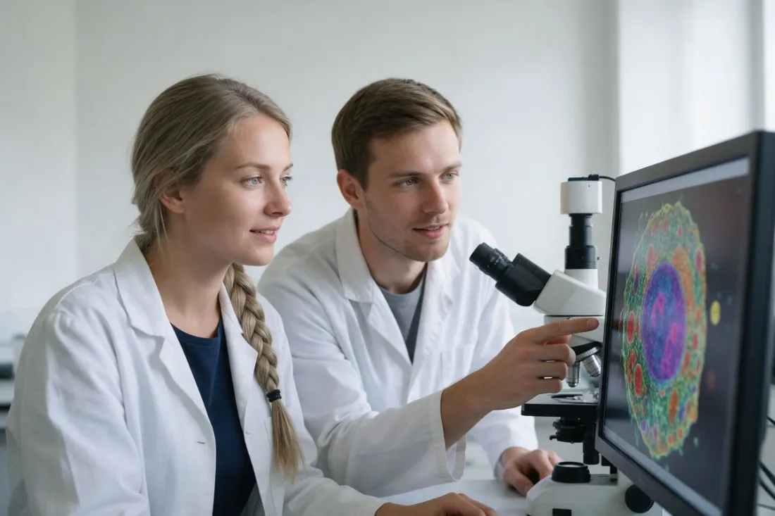 studenci-biologii-ogladaja-obraz-komorki-przy-mikroskopie