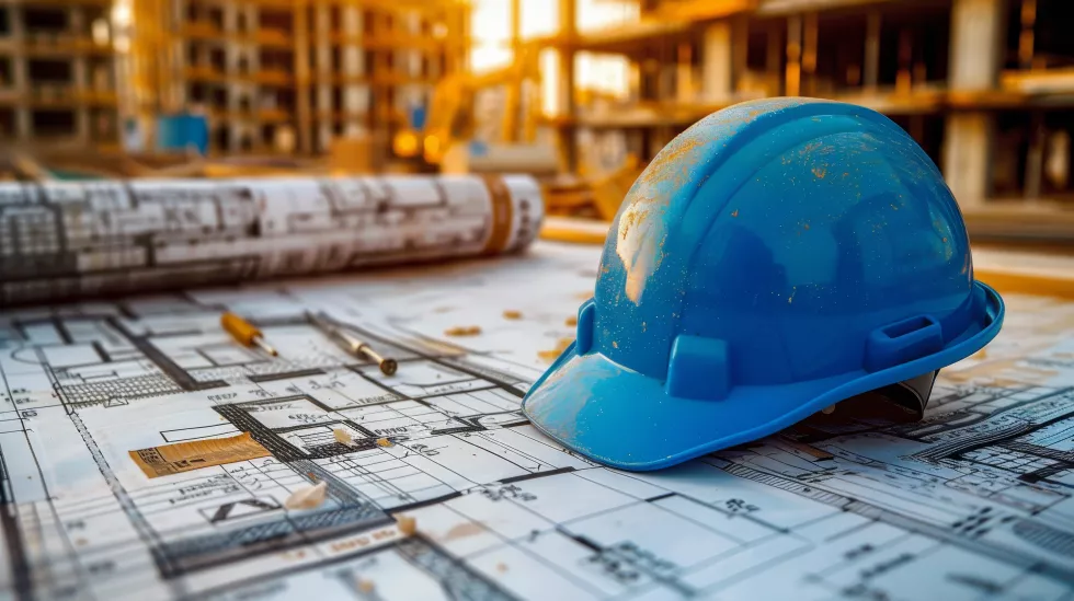 worn-construction-helmet-rests-detailed-architectural-blueprints-with-construction-site-background