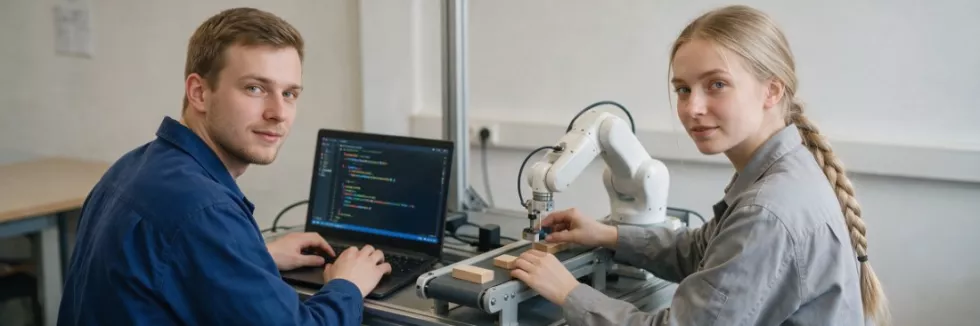 studenci-programuja-biale-ramie-robota-przy-przenosniku