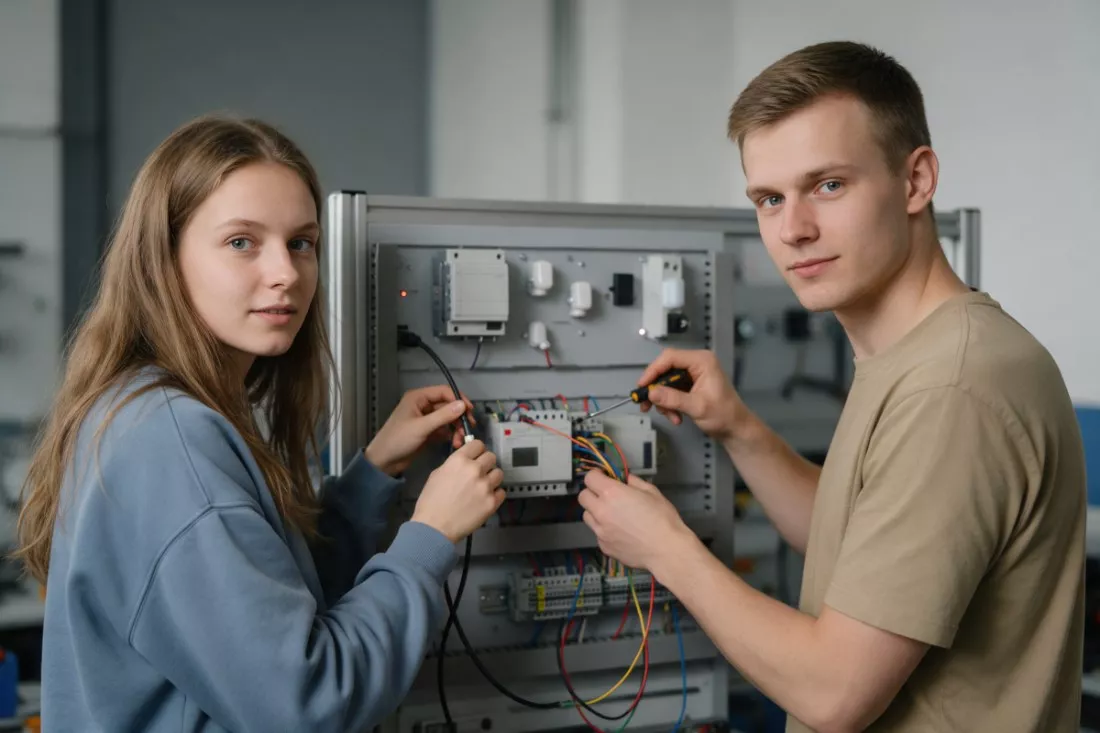 studenci-mechatroniki-podlaczaja-czujniki-do-panelu-sterowania