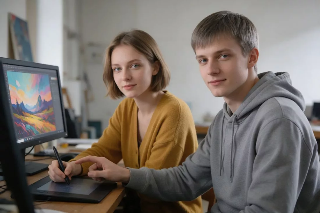 studenci-tworza-projekt-multimedialny-przy-tablecie-graficznym