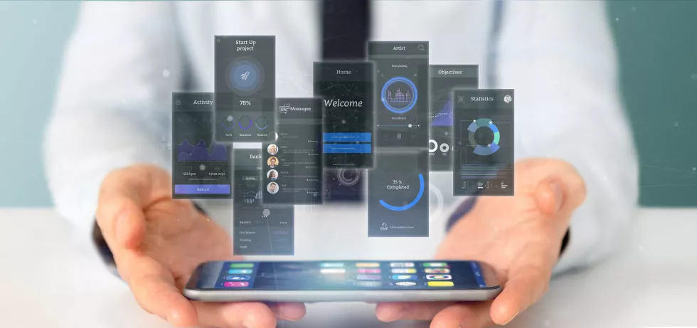 businessman-holding-user-interface-screens-with-icon-stats-data-3d-rendering