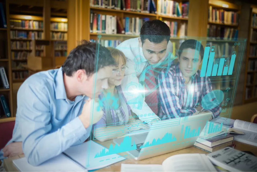 digital-representation-pie-chart-against-mature-students-with-teacher-laptop-library