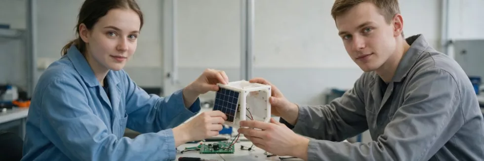 studenci-skladaja-model-malego-satelity-w-laboratorium